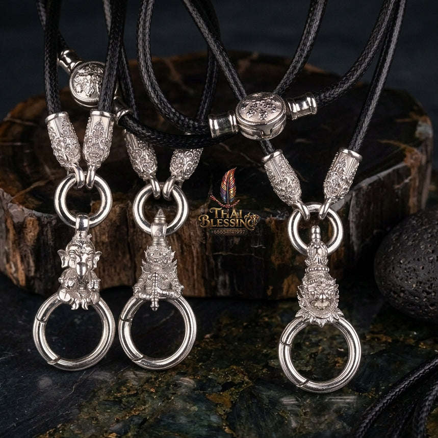 Authentic Sacred Thai Fine Art Amulet Necklace "Na Thep - Asurina Phra Rahu Edition" (925 Sterling Silver Rhodium-Plated Carabiner Clasp with Premium Korean Cord) Thai Blessing Co By RURUECHA