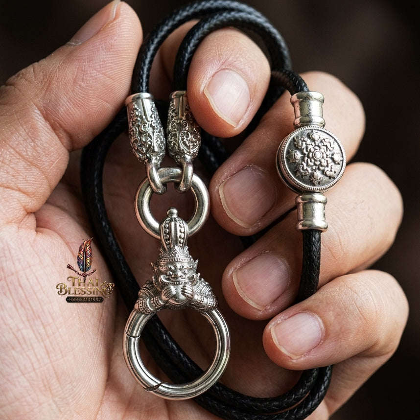 Authentic Sacred Thai Fine Art Amulet Necklace "Na Thep - Asurina Phra Rahu Edition" (925 Sterling Silver Rhodium-Plated Carabiner Clasp with Premium Korean Cord) Thai Blessing Co By RURUECHA
