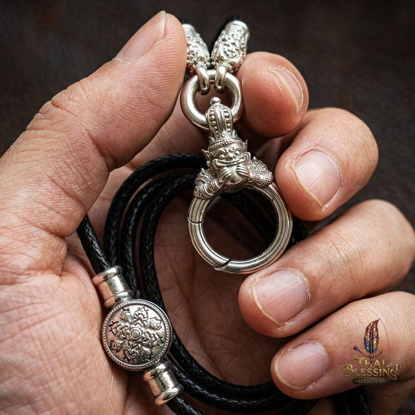 Authentic Sacred Thai Fine Art Amulet Necklace "Na Thep - Asurina Phra Rahu Edition" (925 Sterling Silver Rhodium-Plated Carabiner Clasp with Premium Korean Cord) Thai Blessing Co By RURUECHA