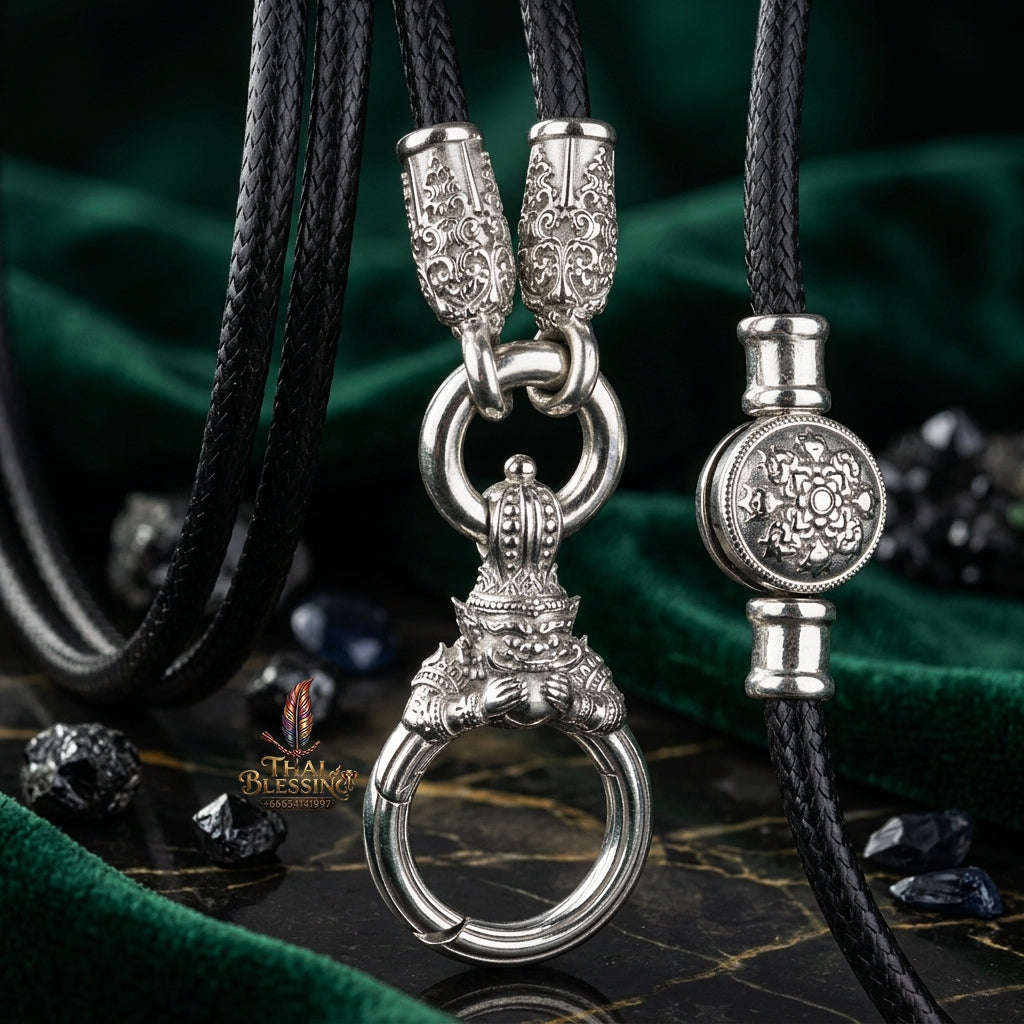 Authentic Sacred Thai Fine Art Amulet Necklace "Na Thep - Asurina Phra Rahu Edition" (925 Sterling Silver Rhodium-Plated Carabiner Clasp with Premium Korean Cord) Thai Blessing Co By RURUECHA