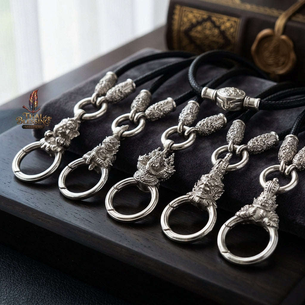 Authentic Sacred Thai Fine Art Amulet Necklace "Na Thep - Asurina Phra Rahu Edition" (925 Sterling Silver Rhodium-Plated Carabiner Clasp with Premium Korean Cord) Thai Blessing Co By RURUECHA