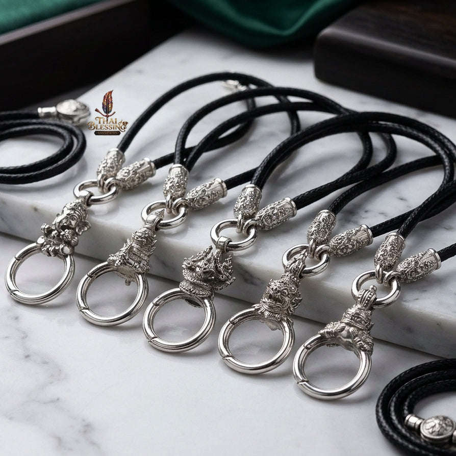 Authentic Sacred Thai Fine Art Amulet Necklace "Na Thep - Asurina Phra Rahu Edition" (925 Sterling Silver Rhodium-Plated Carabiner Clasp with Premium Korean Cord) Thai Blessing Co By RURUECHA