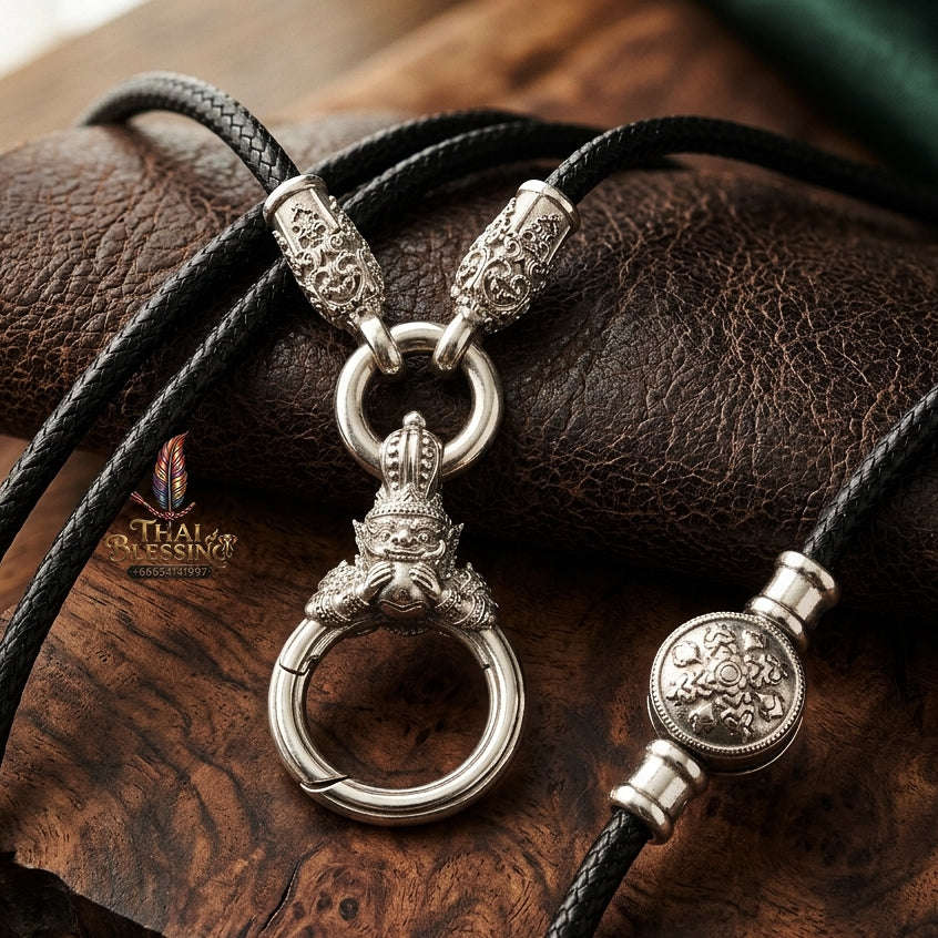 Authentic Sacred Thai Fine Art Amulet Necklace "Na Thep - Asurina Phra Rahu Edition" (925 Sterling Silver Rhodium-Plated Carabiner Clasp with Premium Korean Cord) Thai Blessing Co By RURUECHA