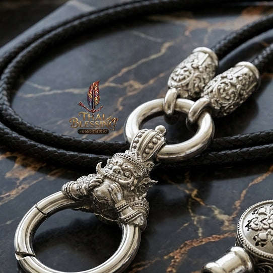 Authentic Sacred Thai Fine Art Amulet Necklace "Na Thep - Asurina Phra Rahu Edition" (925 Sterling Silver Rhodium-Plated Carabiner Clasp with Premium Korean Cord) Thai Blessing Co By RURUECHA
