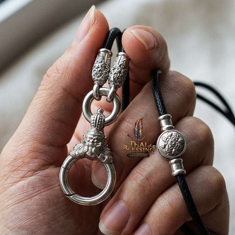 Authentic Sacred Thai Fine Art Amulet Necklace "Na Thep - Asurina Phra Rahu Edition" (925 Sterling Silver Rhodium-Plated Carabiner Clasp with Premium Korean Cord) Thai Blessing Co By RURUECHA