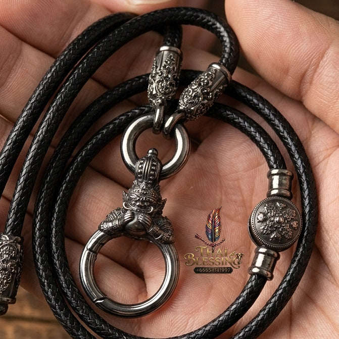 Authentic Sacred Thai Fine Art Amulet Necklace "Na Thep - Asurina Phra Rahu Edition" (Black Rhodium-Plated Bronze Carabiner Clasp with Premium Korean Cord) Thai Blessing Co By RURUECHA