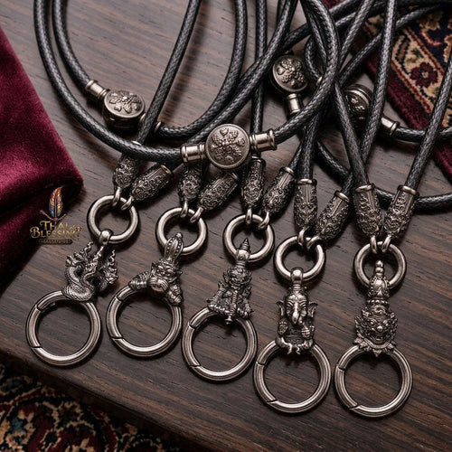 Authentic Sacred Thai Fine Art Amulet Necklace "Na Thep - Asurina Phra Rahu Edition" (Black Rhodium-Plated Bronze Carabiner Clasp with Premium Korean Cord) Thai Blessing Co By RURUECHA