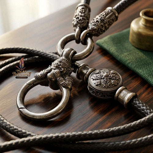 Authentic Sacred Thai Fine Art Amulet Necklace "Na Thep - Asurina Phra Rahu Edition" (Black Rhodium-Plated Bronze Carabiner Clasp with Premium Korean Cord) Thai Blessing Co By RURUECHA