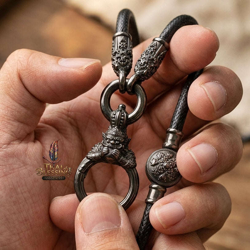 Authentic Sacred Thai Fine Art Amulet Necklace "Na Thep - Asurina Phra Rahu Edition" (Black Rhodium-Plated Bronze Carabiner Clasp with Premium Korean Cord) Thai Blessing Co By RURUECHA