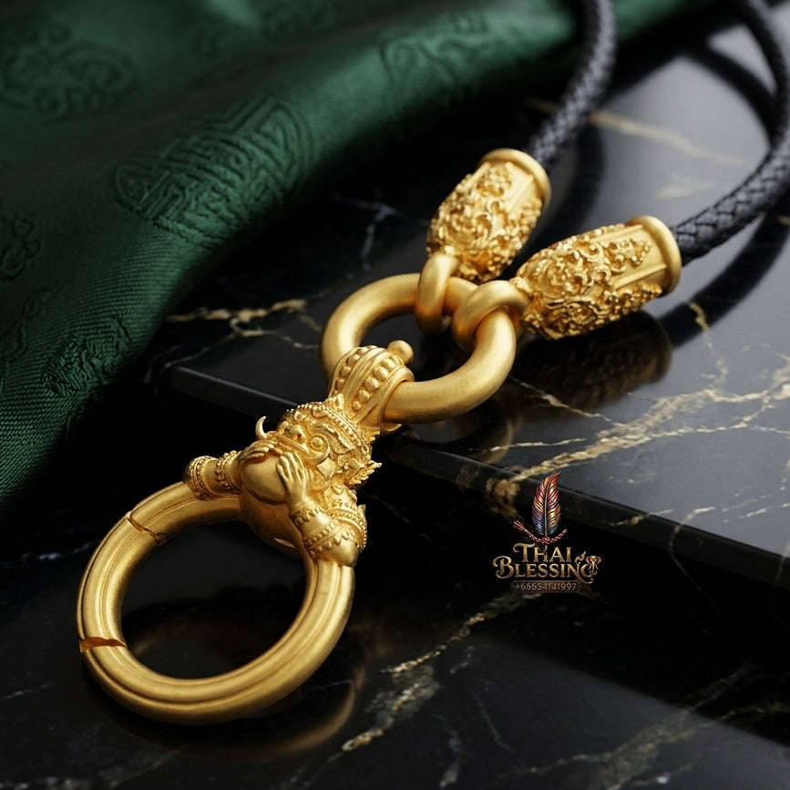 Authentic Sacred Thai Fine Art Amulet Necklace "Na Thep - Asurina Phra Rahu Edition" (Real Gold-Plated Bronze Carabiner Clasp with Premium Korean Cord) Thai Blessing Co By RURUECHA