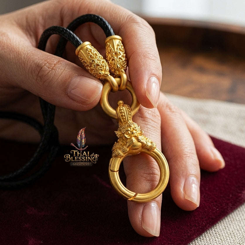 Authentic Sacred Thai Fine Art Amulet Necklace "Na Thep - Asurina Phra Rahu Edition" (Real Gold-Plated Bronze Carabiner Clasp with Premium Korean Cord) Thai Blessing Co By RURUECHA