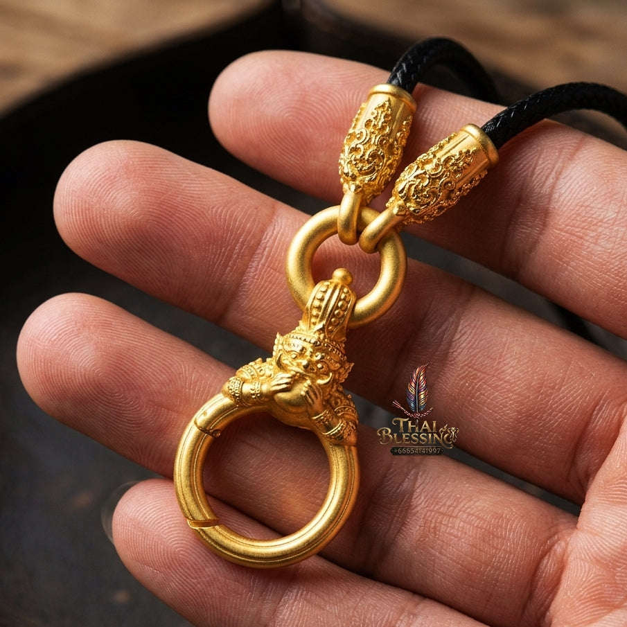 Authentic Sacred Thai Fine Art Amulet Necklace "Na Thep - Asurina Phra Rahu Edition" (Real Gold-Plated Bronze Carabiner Clasp with Premium Korean Cord) Thai Blessing Co By RURUECHA