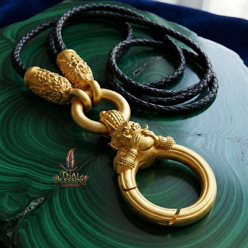 Authentic Sacred Thai Fine Art Amulet Necklace "Na Thep - Asurina Phra Rahu Edition" (Real Gold-Plated Bronze Carabiner Clasp with Premium Korean Cord) Thai Blessing Co By RURUECHA