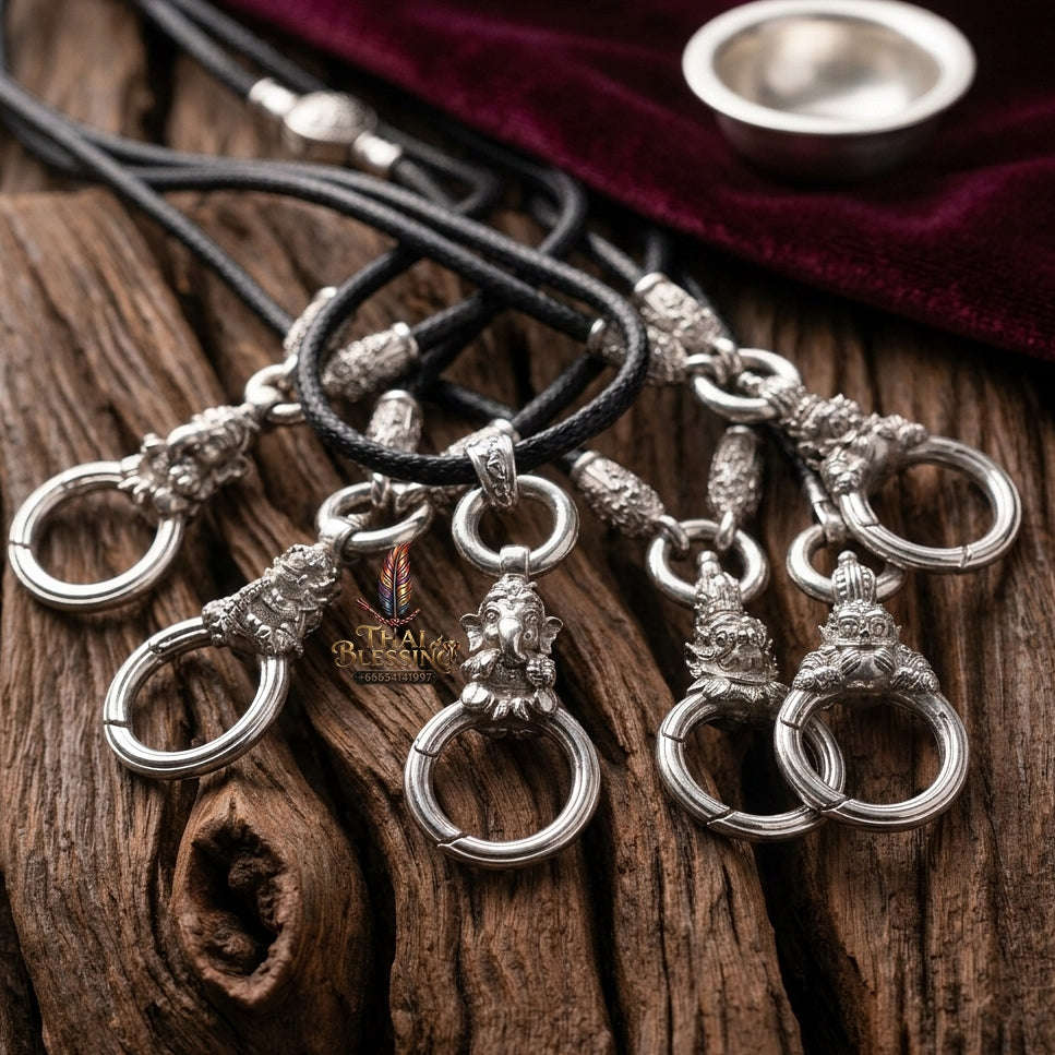 Authentic Sacred Thai Fine Art Amulet Necklace "Na Thep - Khasaya Lord Ganesha Edition" (925 Sterling Silver Rhodium-Plated Carabiner Clasp with Premium Korean Cord) Thai Blessing Co By RURUECHA