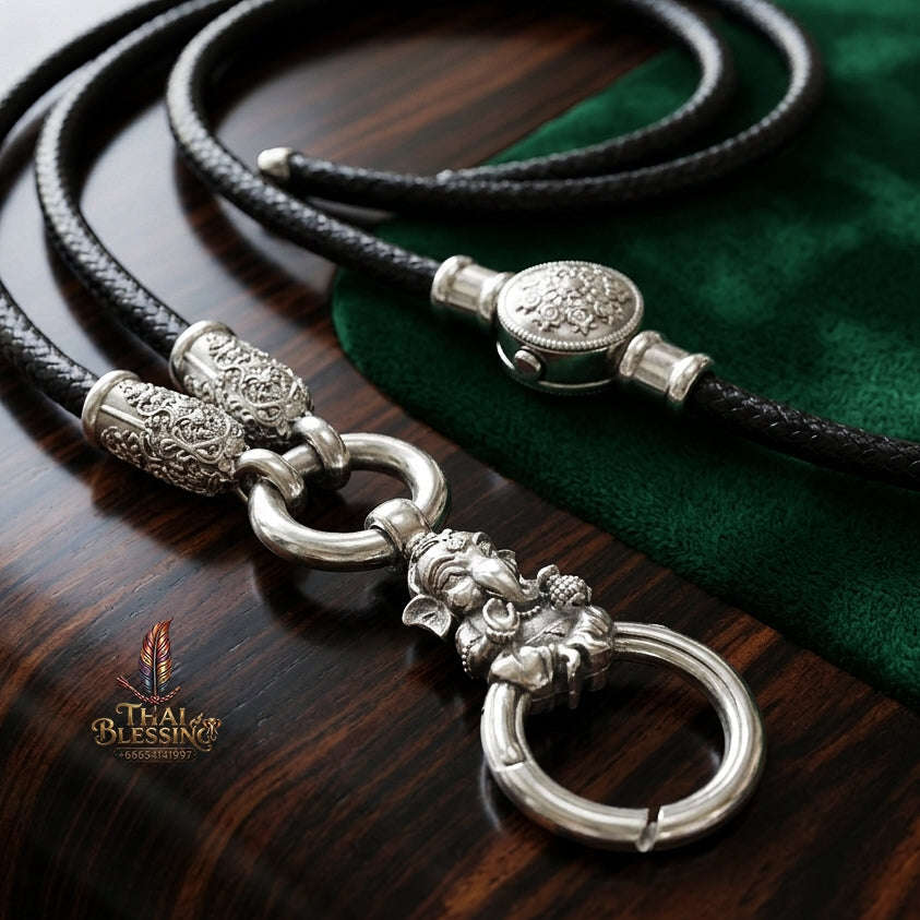 Authentic Sacred Thai Fine Art Amulet Necklace "Na Thep - Khasaya Lord Ganesha Edition" (925 Sterling Silver Rhodium-Plated Carabiner Clasp with Premium Korean Cord) Thai Blessing Co By RURUECHA