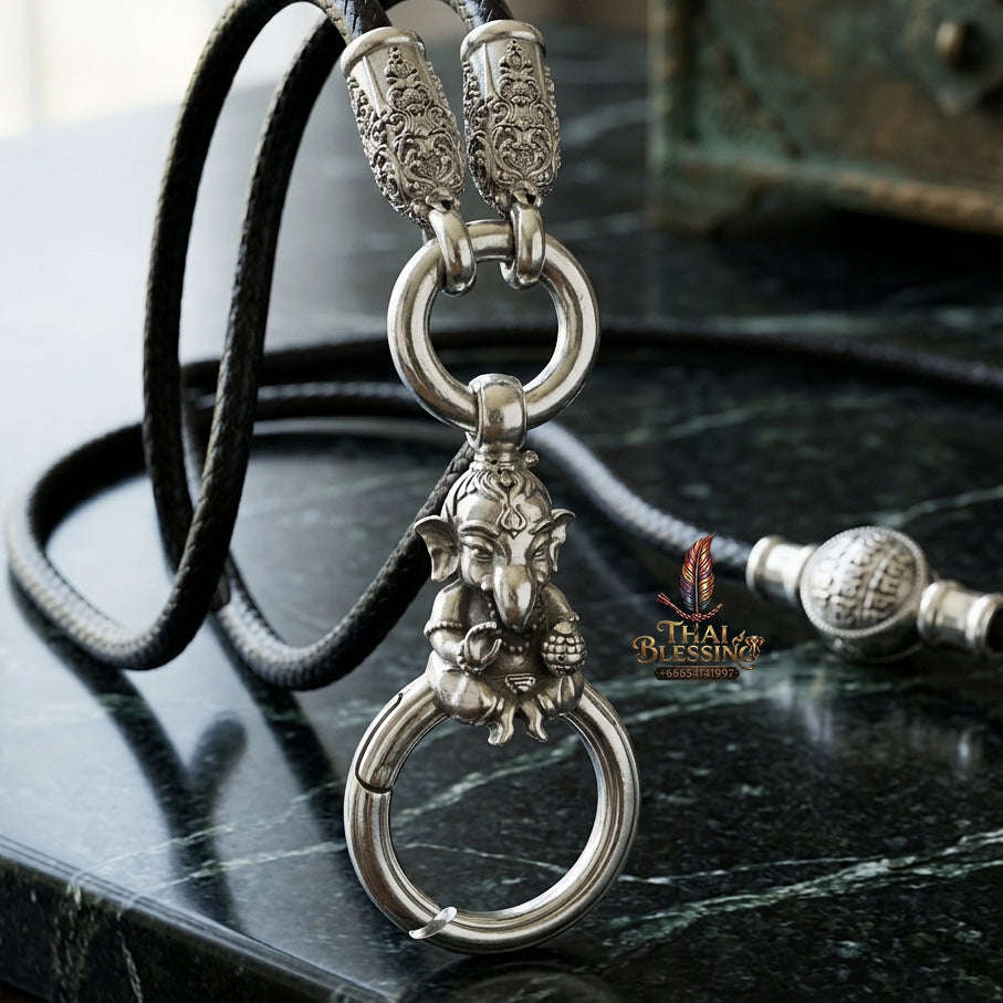 Authentic Sacred Thai Fine Art Amulet Necklace "Na Thep - Khasaya Lord Ganesha Edition" (925 Sterling Silver Rhodium-Plated Carabiner Clasp with Premium Korean Cord) Thai Blessing Co By RURUECHA