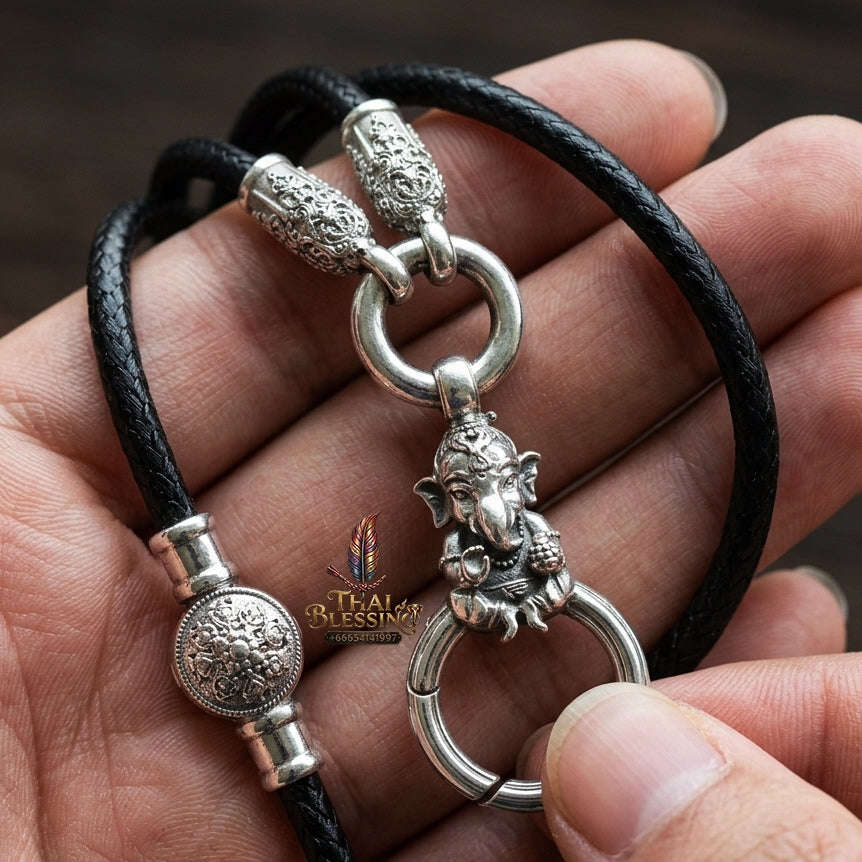 Authentic Sacred Thai Fine Art Amulet Necklace "Na Thep - Khasaya Lord Ganesha Edition" (925 Sterling Silver Rhodium-Plated Carabiner Clasp with Premium Korean Cord) Thai Blessing Co By RURUECHA