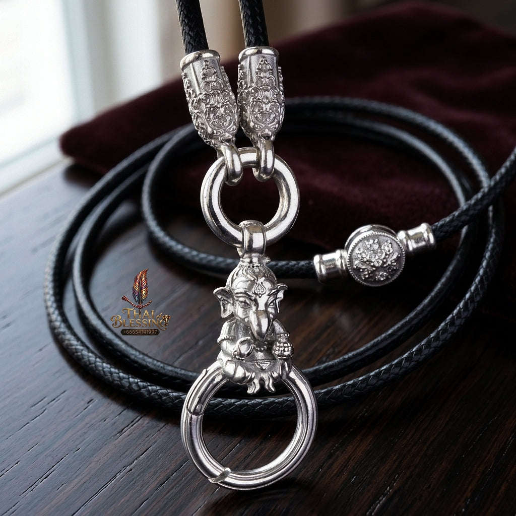 Authentic Sacred Thai Fine Art Amulet Necklace "Na Thep - Khasaya Lord Ganesha Edition" (925 Sterling Silver Rhodium-Plated Carabiner Clasp with Premium Korean Cord) Thai Blessing Co By RURUECHA