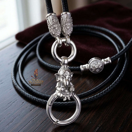 Authentic Sacred Thai Fine Art Amulet Necklace "Na Thep - Khasaya Lord Ganesha Edition" (925 Sterling Silver Rhodium-Plated Carabiner Clasp with Premium Korean Cord) Thai Blessing Co By RURUECHA
