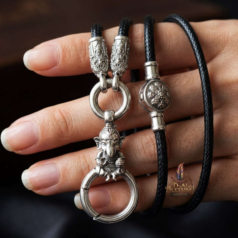 Authentic Sacred Thai Fine Art Amulet Necklace "Na Thep - Khasaya Lord Ganesha Edition" (925 Sterling Silver Rhodium-Plated Carabiner Clasp with Premium Korean Cord) Thai Blessing Co By RURUECHA