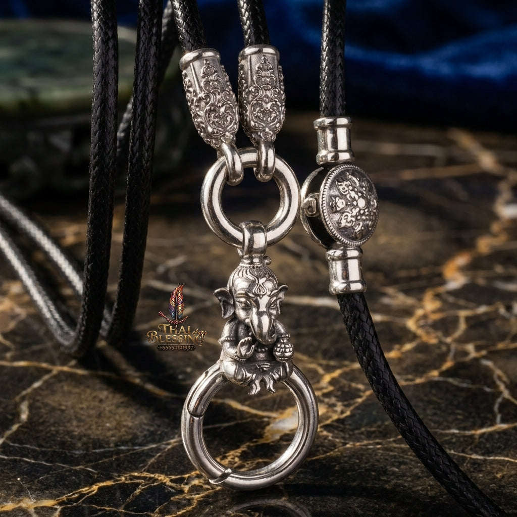 Authentic Sacred Thai Fine Art Amulet Necklace "Na Thep - Khasaya Lord Ganesha Edition" (925 Sterling Silver Rhodium-Plated Carabiner Clasp with Premium Korean Cord) Thai Blessing Co By RURUECHA