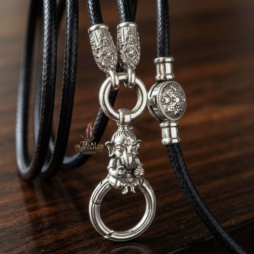 Authentic Sacred Thai Fine Art Amulet Necklace "Na Thep - Khasaya Lord Ganesha Edition" (925 Sterling Silver Rhodium-Plated Carabiner Clasp with Premium Korean Cord) Thai Blessing Co By RURUECHA