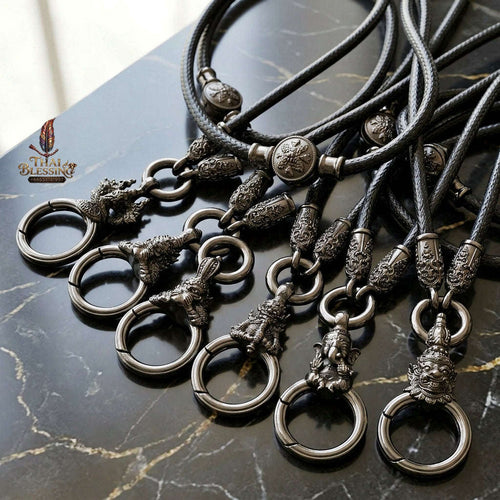 Authentic Sacred Thai Fine Art Amulet Necklace "Na Thep - Khasaya Lord Ganesha Edition" (Black Rhodium-Plated Bronze Carabiner Clasp with Premium Korean Cord) Thai Blessing Co By RURUECHA