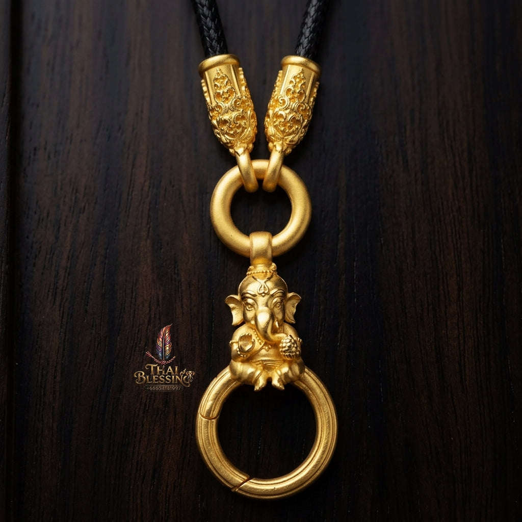 Authentic Sacred Thai Fine Art Amulet Necklace "Na Thep - Khasaya Lord Ganesha Edition" (Real Gold-Plated Bronze Carabiner Clasp with Premium Korean Cord) Thai Blessing Co By RURUECHA