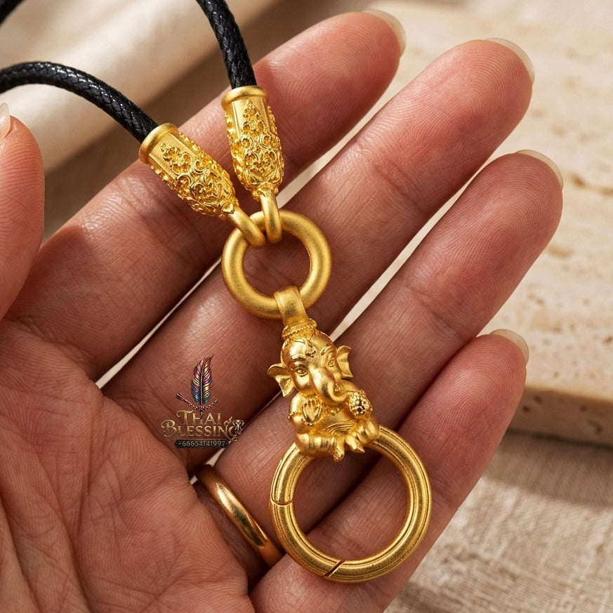 Authentic Sacred Thai Fine Art Amulet Necklace "Na Thep - Khasaya Lord Ganesha Edition" (Real Gold-Plated Bronze Carabiner Clasp with Premium Korean Cord) Thai Blessing Co By RURUECHA