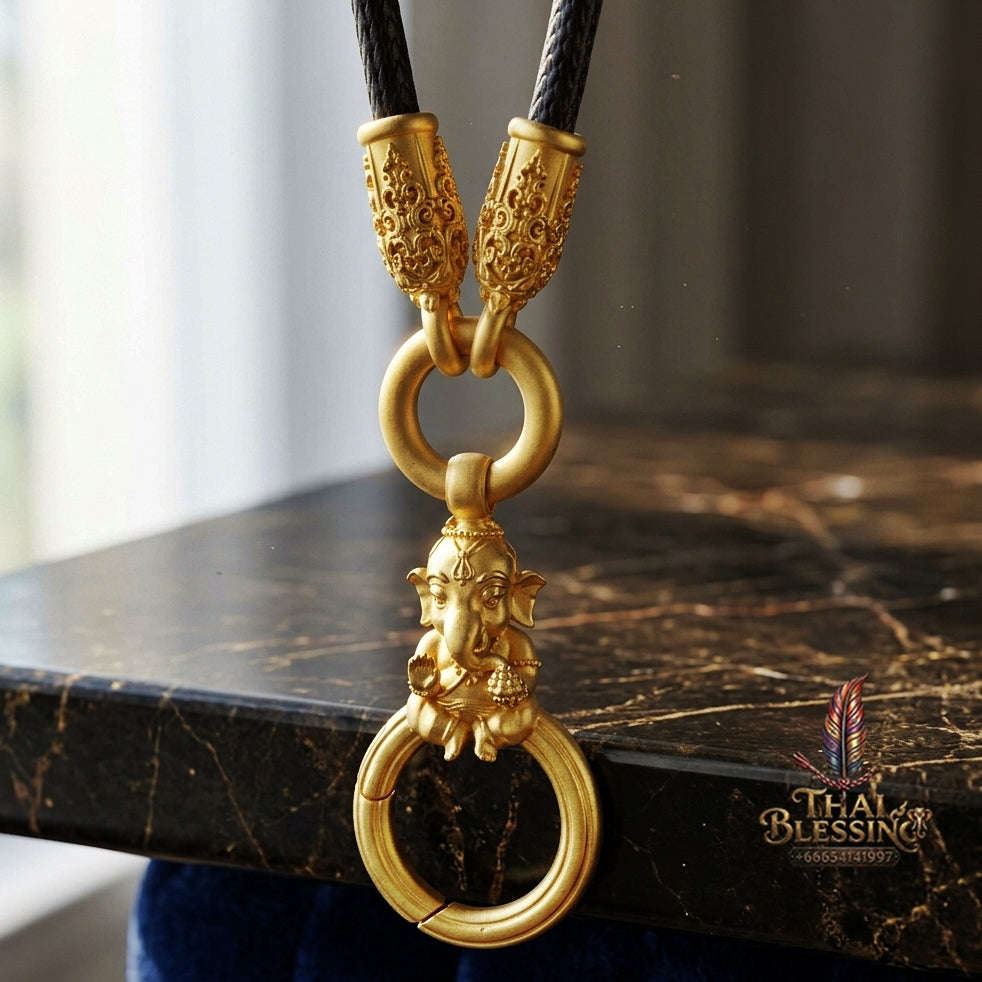 Authentic Sacred Thai Fine Art Amulet Necklace "Na Thep - Khasaya Lord Ganesha Edition" (Real Gold-Plated Bronze Carabiner Clasp with Premium Korean Cord) Thai Blessing Co By RURUECHA