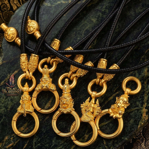 Authentic Sacred Thai Fine Art Amulet Necklace "Na Thep - Khasaya Lord Ganesha Edition" (Real Gold-Plated Bronze Carabiner Clasp with Premium Korean Cord) Thai Blessing Co By RURUECHA