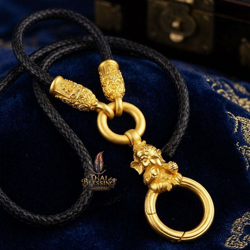 Authentic Sacred Thai Fine Art Amulet Necklace "Na Thep - Khasaya Lord Ganesha Edition" (Real Gold-Plated Bronze Carabiner Clasp with Premium Korean Cord) Thai Blessing Co By RURUECHA