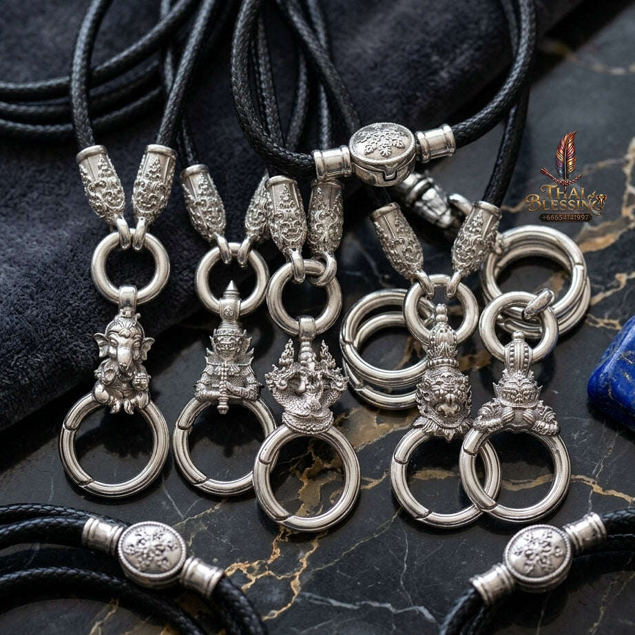 Authentic Sacred Thai Fine Art Amulet Necklace "Na Thep - Nakaya Naga King Edition" (925 Sterling Silver Rhodium-Plated Carabiner Clasp with Premium Korean Cord) Thai Blessing Co By RURUECHA