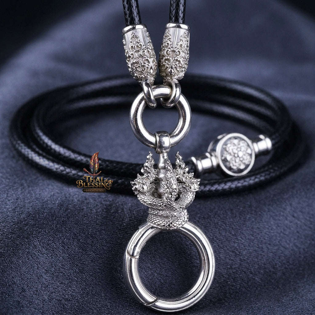 Authentic Sacred Thai Fine Art Amulet Necklace "Na Thep - Nakaya Naga King Edition" (925 Sterling Silver Rhodium-Plated Carabiner Clasp with Premium Korean Cord) Thai Blessing Co By RURUECHA