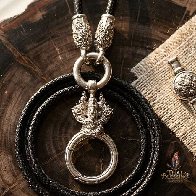 Authentic Sacred Thai Fine Art Amulet Necklace "Na Thep - Nakaya Naga King Edition" (925 Sterling Silver Rhodium-Plated Carabiner Clasp with Premium Korean Cord) Thai Blessing Co By RURUECHA