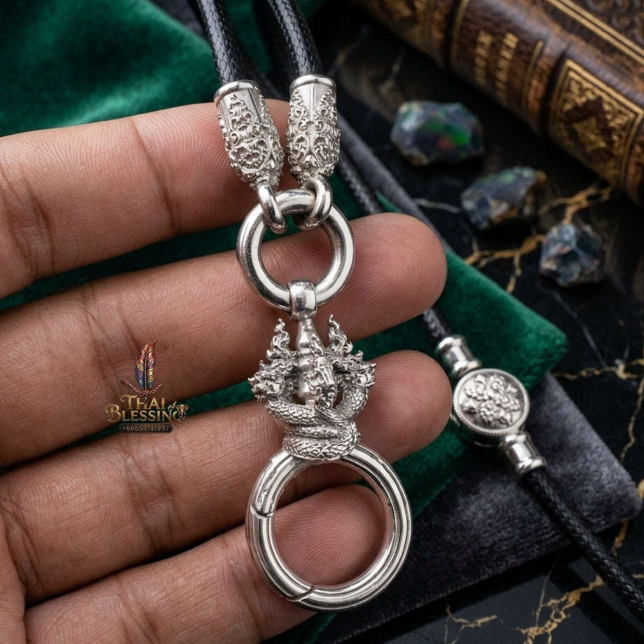 Authentic Sacred Thai Fine Art Amulet Necklace "Na Thep - Nakaya Naga King Edition" (925 Sterling Silver Rhodium-Plated Carabiner Clasp with Premium Korean Cord) Thai Blessing Co By RURUECHA