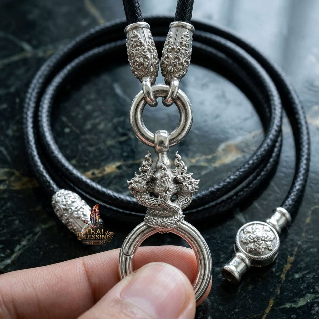 Authentic Sacred Thai Fine Art Amulet Necklace "Na Thep - Nakaya Naga King Edition" (925 Sterling Silver Rhodium-Plated Carabiner Clasp with Premium Korean Cord) Thai Blessing Co By RURUECHA