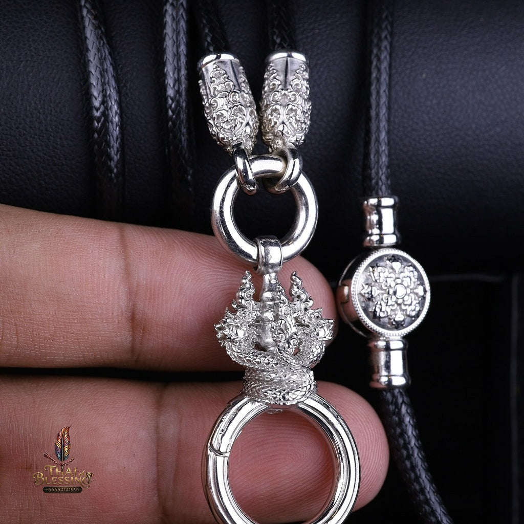Authentic Sacred Thai Fine Art Amulet Necklace "Na Thep - Nakaya Naga King Edition" (925 Sterling Silver Rhodium-Plated Carabiner Clasp with Premium Korean Cord) Thai Blessing Co By RURUECHA