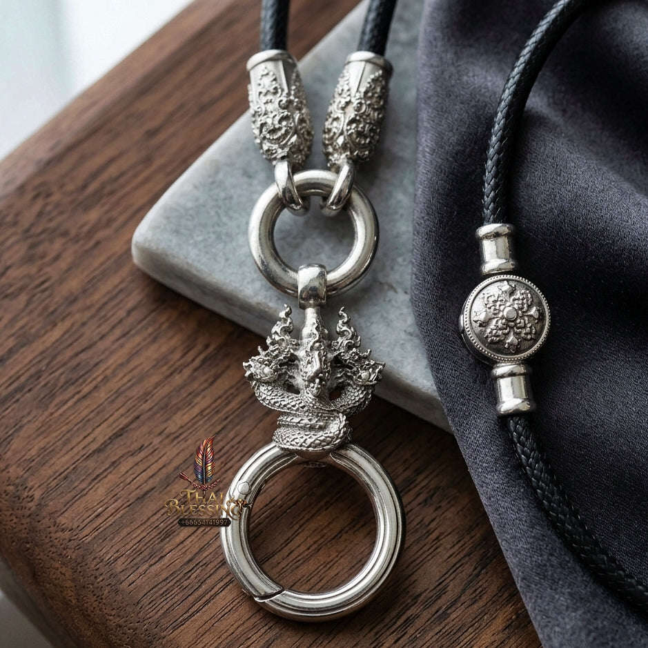 Authentic Sacred Thai Fine Art Amulet Necklace "Na Thep - Nakaya Naga King Edition" (925 Sterling Silver Rhodium-Plated Carabiner Clasp with Premium Korean Cord) Thai Blessing Co By RURUECHA