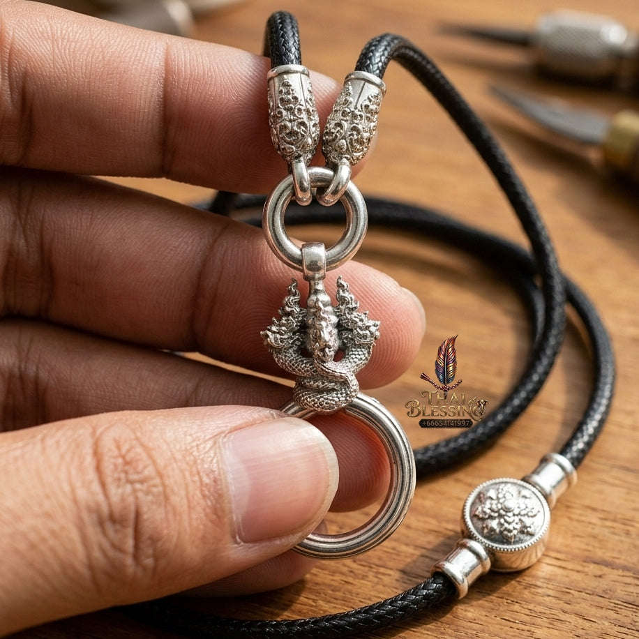 Authentic Sacred Thai Fine Art Amulet Necklace "Na Thep - Nakaya Naga King Edition" (925 Sterling Silver Rhodium-Plated Carabiner Clasp with Premium Korean Cord) Thai Blessing Co By RURUECHA