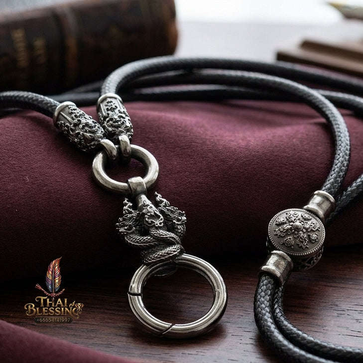 Authentic Sacred Thai Fine Art Amulet Necklace "Na Thep - Nakaya Naga King Edition" (Black Rhodium-Plated Bronze Carabiner Clasp with Premium Korean Cord) Thai Blessing Co By RURUECHA
