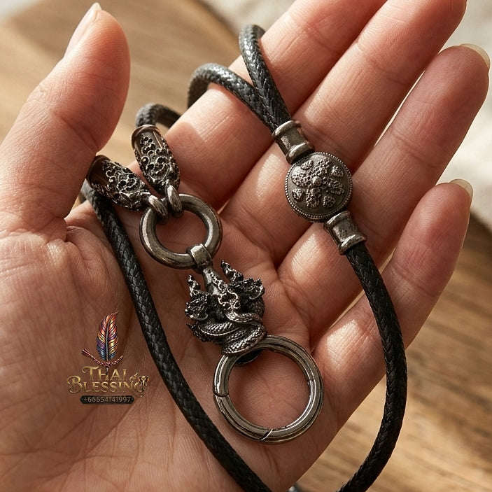 Authentic Sacred Thai Fine Art Amulet Necklace "Na Thep - Nakaya Naga King Edition" (Black Rhodium-Plated Bronze Carabiner Clasp with Premium Korean Cord) Thai Blessing Co By RURUECHA