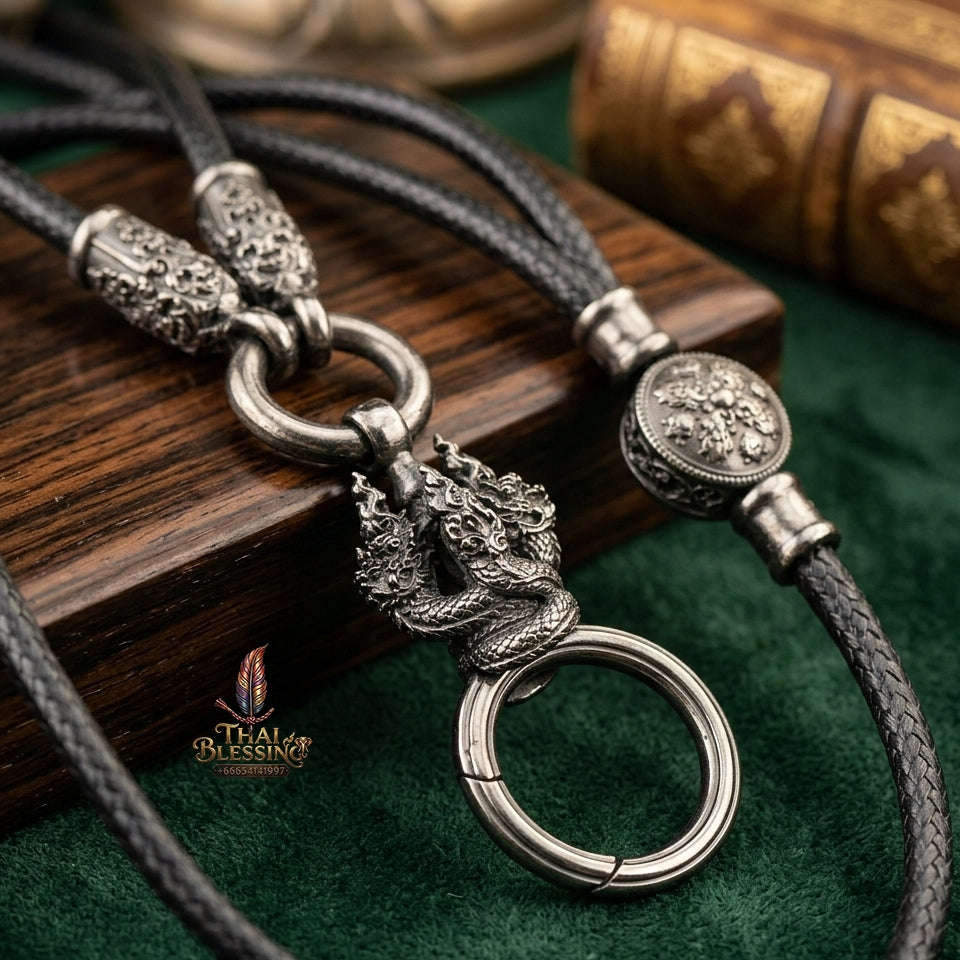 Authentic Sacred Thai Fine Art Amulet Necklace "Na Thep - Nakaya Naga King Edition" (Black Rhodium-Plated Bronze Carabiner Clasp with Premium Korean Cord) Thai Blessing Co By RURUECHA