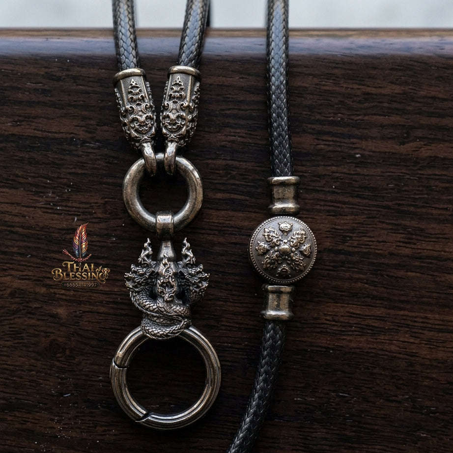 Authentic Sacred Thai Fine Art Amulet Necklace "Na Thep - Nakaya Naga King Edition" (Black Rhodium-Plated Bronze Carabiner Clasp with Premium Korean Cord) Thai Blessing Co By RURUECHA
