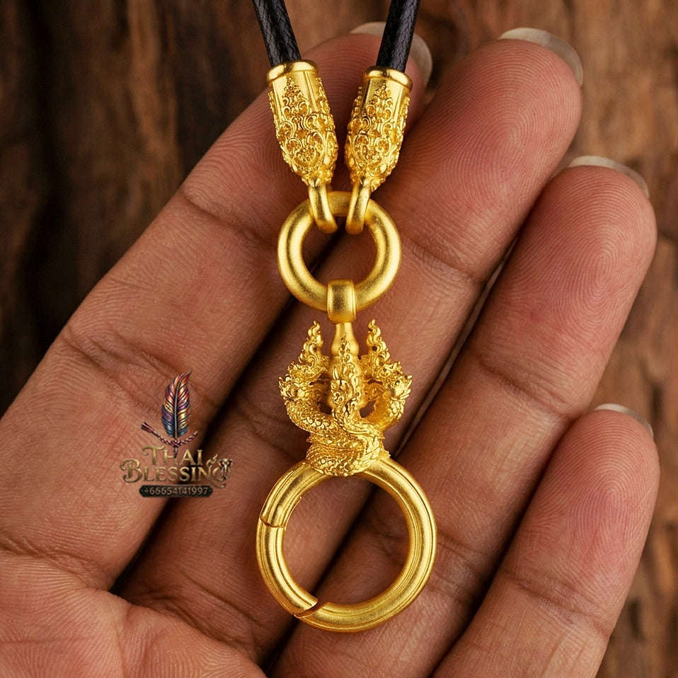 Authentic Sacred Thai Fine Art Amulet Necklace "Na Thep - Nakaya Naga King Edition" (Real Gold-Plated Bronze Carabiner Clasp with Premium Korean Cord) Thai Blessing Co By RURUECHA