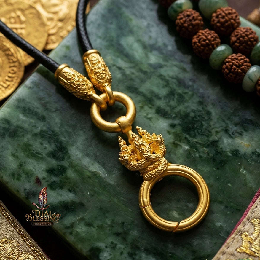 Authentic Sacred Thai Fine Art Amulet Necklace "Na Thep - Nakaya Naga King Edition" (Real Gold-Plated Bronze Carabiner Clasp with Premium Korean Cord) Thai Blessing Co By RURUECHA