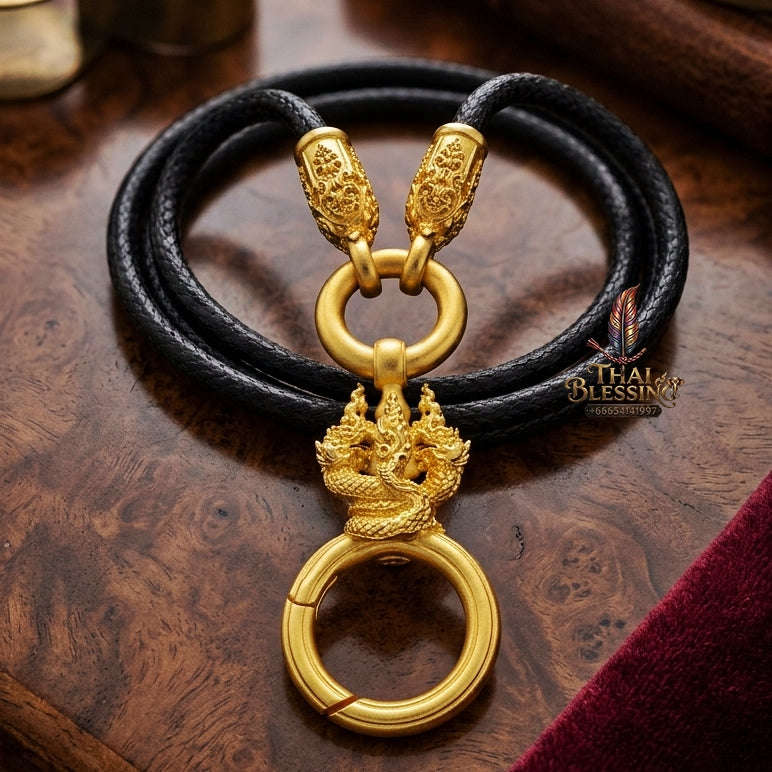 Authentic Sacred Thai Fine Art Amulet Necklace "Na Thep - Nakaya Naga King Edition" (Real Gold-Plated Bronze Carabiner Clasp with Premium Korean Cord) Thai Blessing Co By RURUECHA
