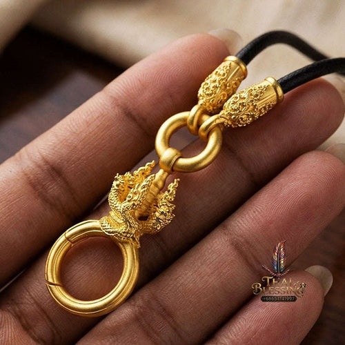 Authentic Sacred Thai Fine Art Amulet Necklace "Na Thep - Nakaya Naga King Edition" (Real Gold-Plated Bronze Carabiner Clasp with Premium Korean Cord) Thai Blessing Co By RURUECHA