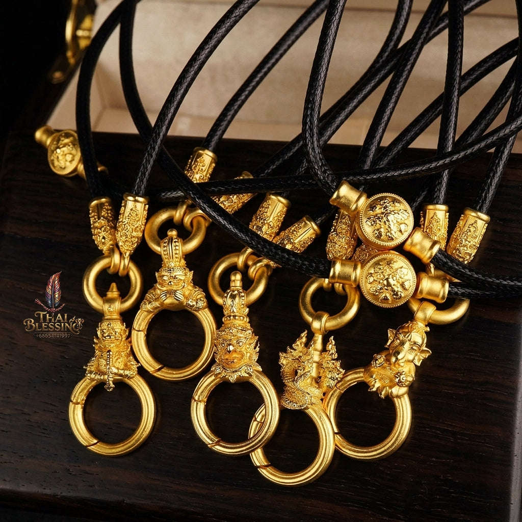 Authentic Sacred Thai Fine Art Amulet Necklace "Na Thep - Nakaya Naga King Edition" (Real Gold-Plated Bronze Carabiner Clasp with Premium Korean Cord) Thai Blessing Co By RURUECHA