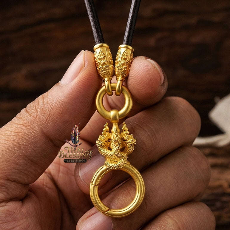 Authentic Sacred Thai Fine Art Amulet Necklace "Na Thep - Nakaya Naga King Edition" (Real Gold-Plated Bronze Carabiner Clasp with Premium Korean Cord) Thai Blessing Co By RURUECHA